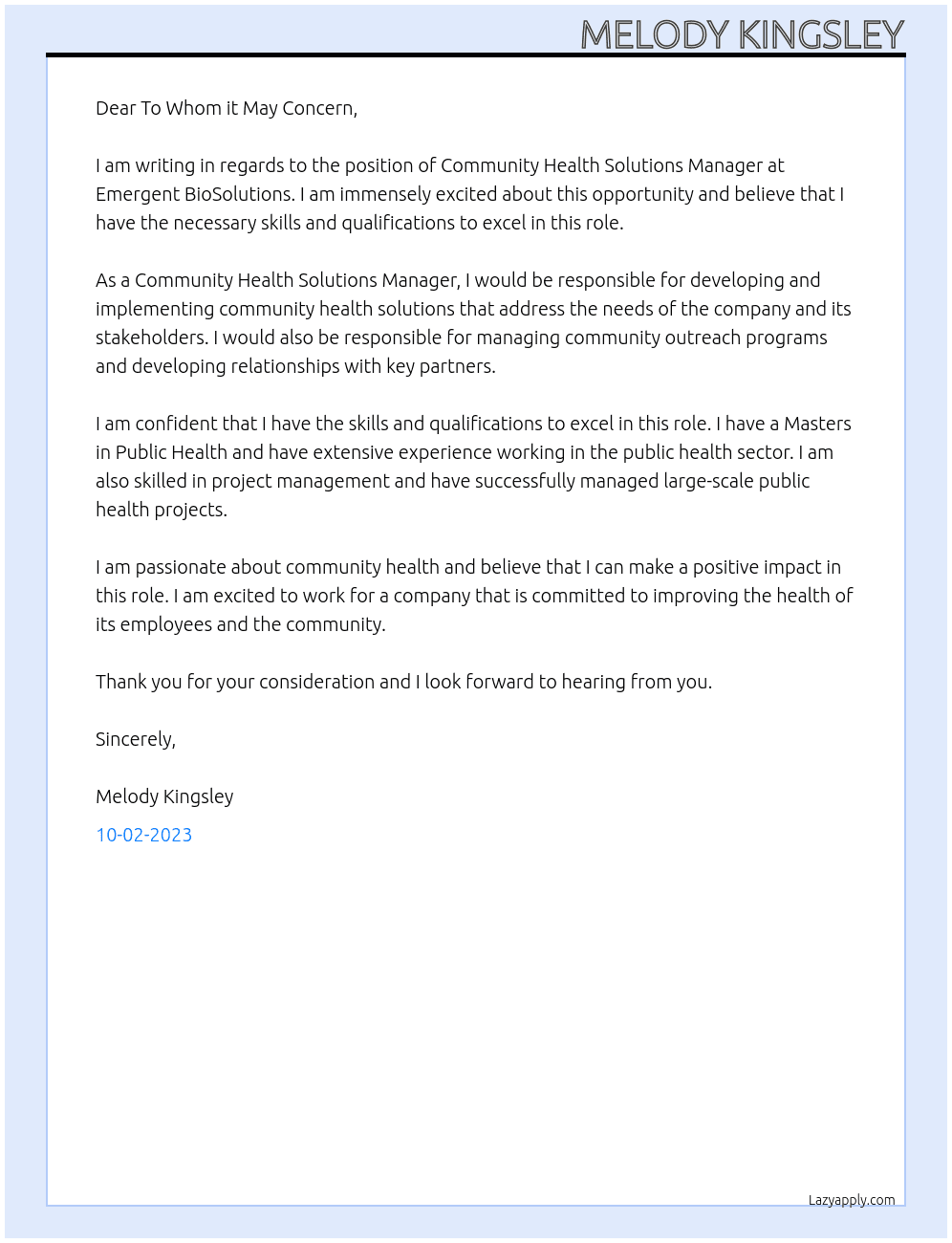 Community Health Solutions Manager At Emergent BioSolutions Cover Letter