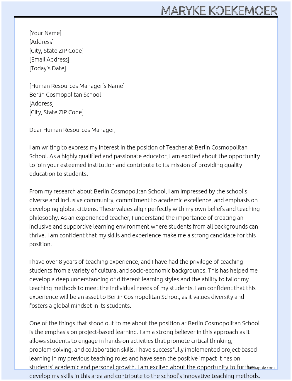 Teacher At Berlin cosmopolitan school Cover Letter