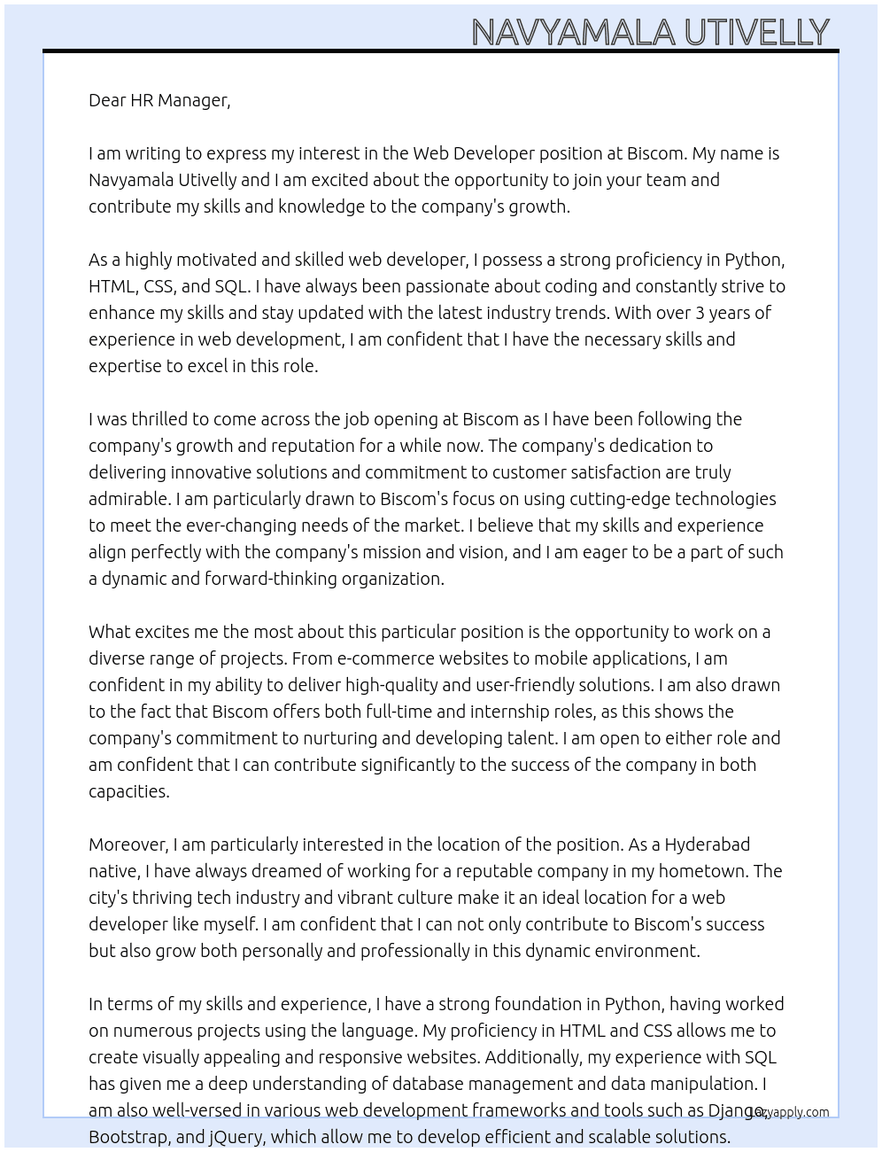 Web developer  At Biscom Cover Letter