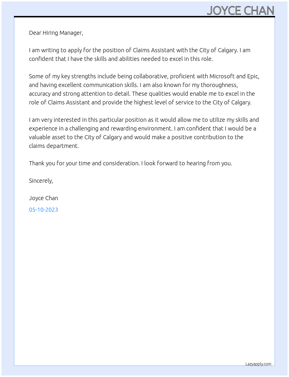 Claims Assistant At City of Calgary Cover Letter