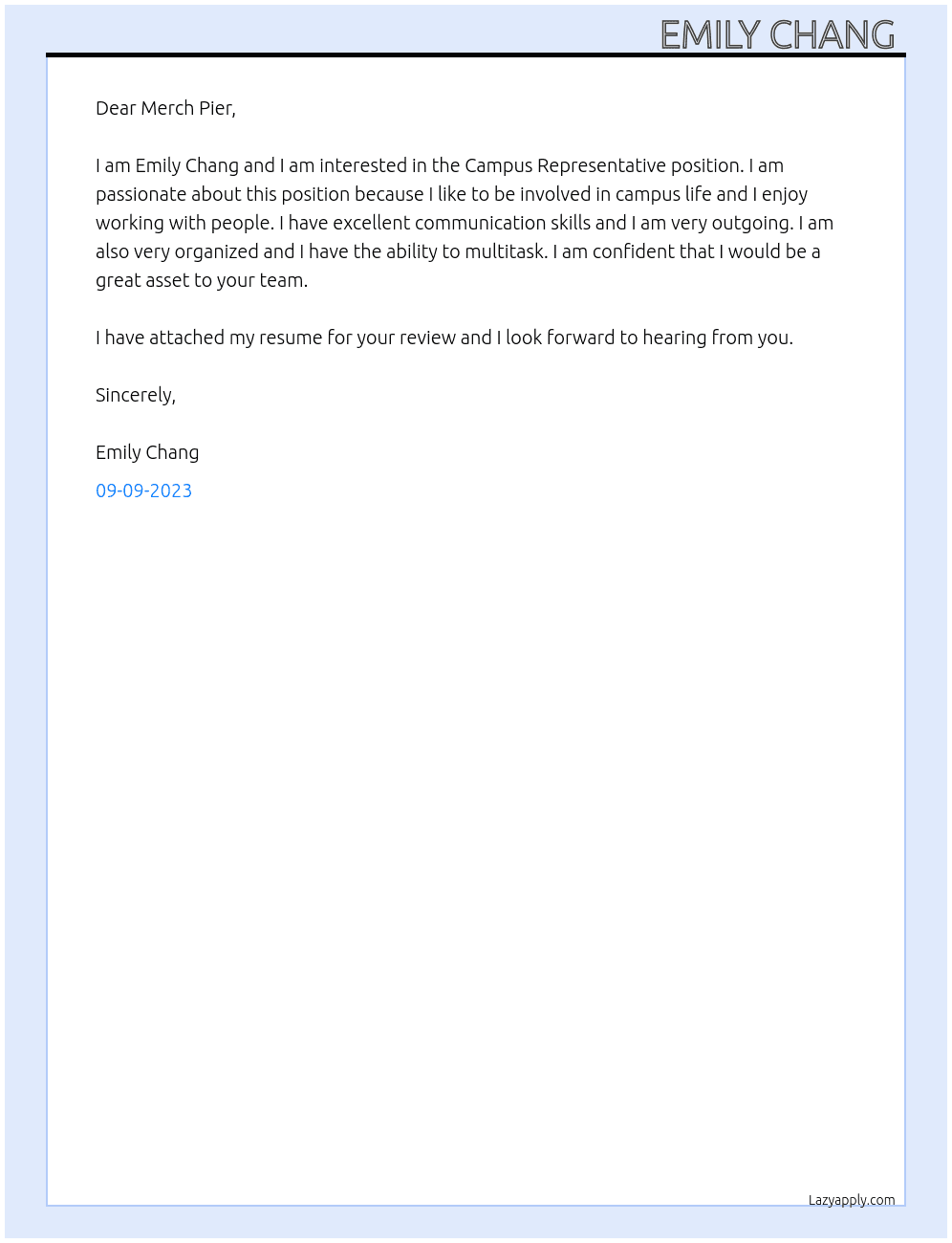 Campus Representative At Merch Pier Cover Letter