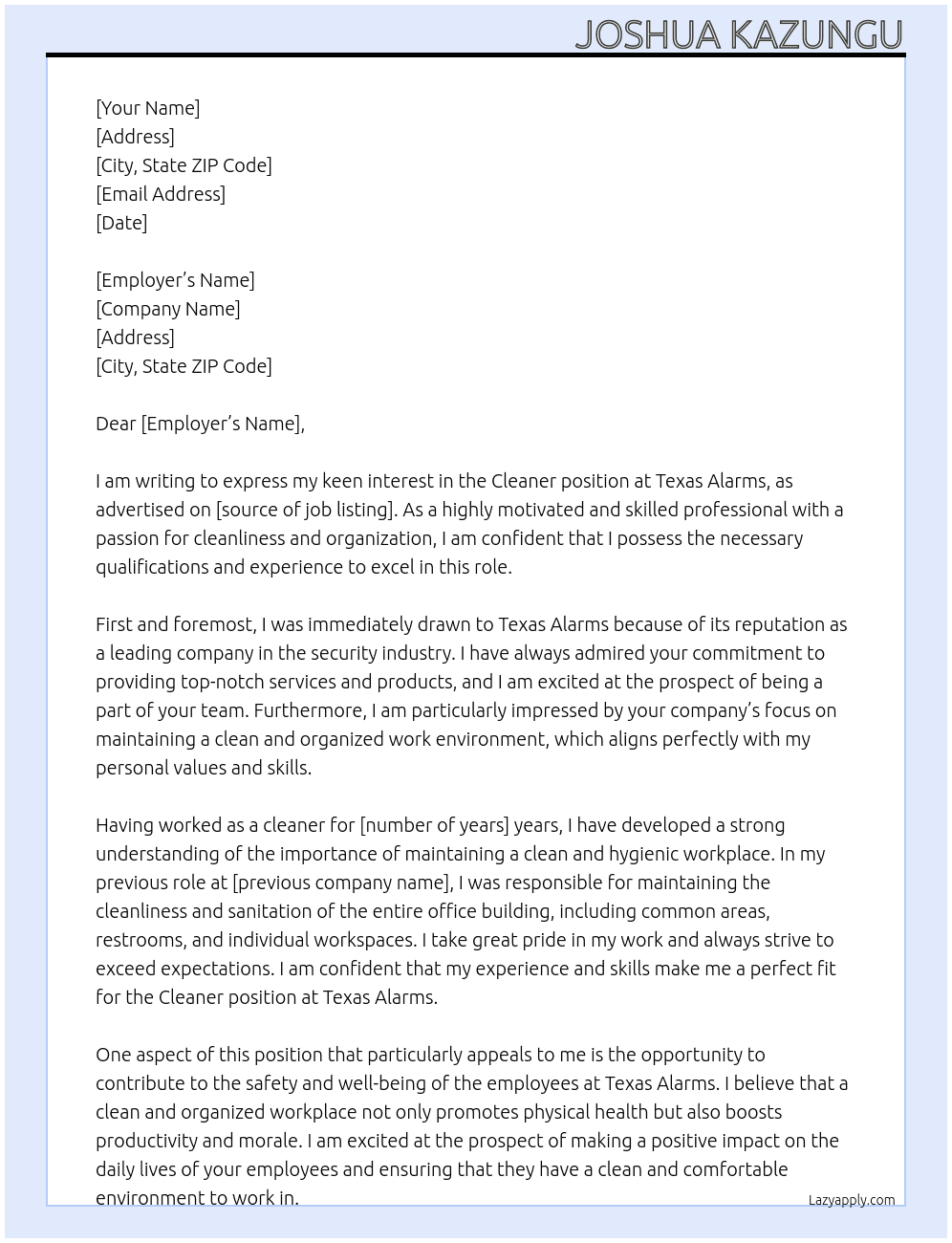 Cleaner At Texas Alarms Cover Letter