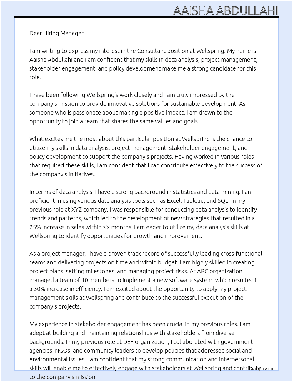 Consultant At Wellspring Cover Letter