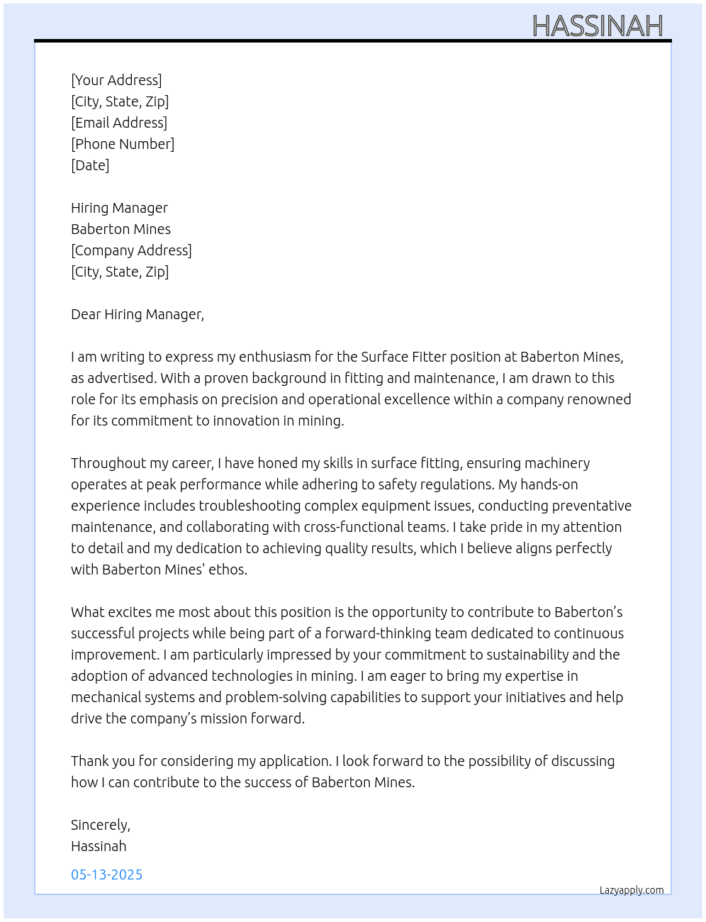 Surface Fitter  At Baberton Mines Cover Letter