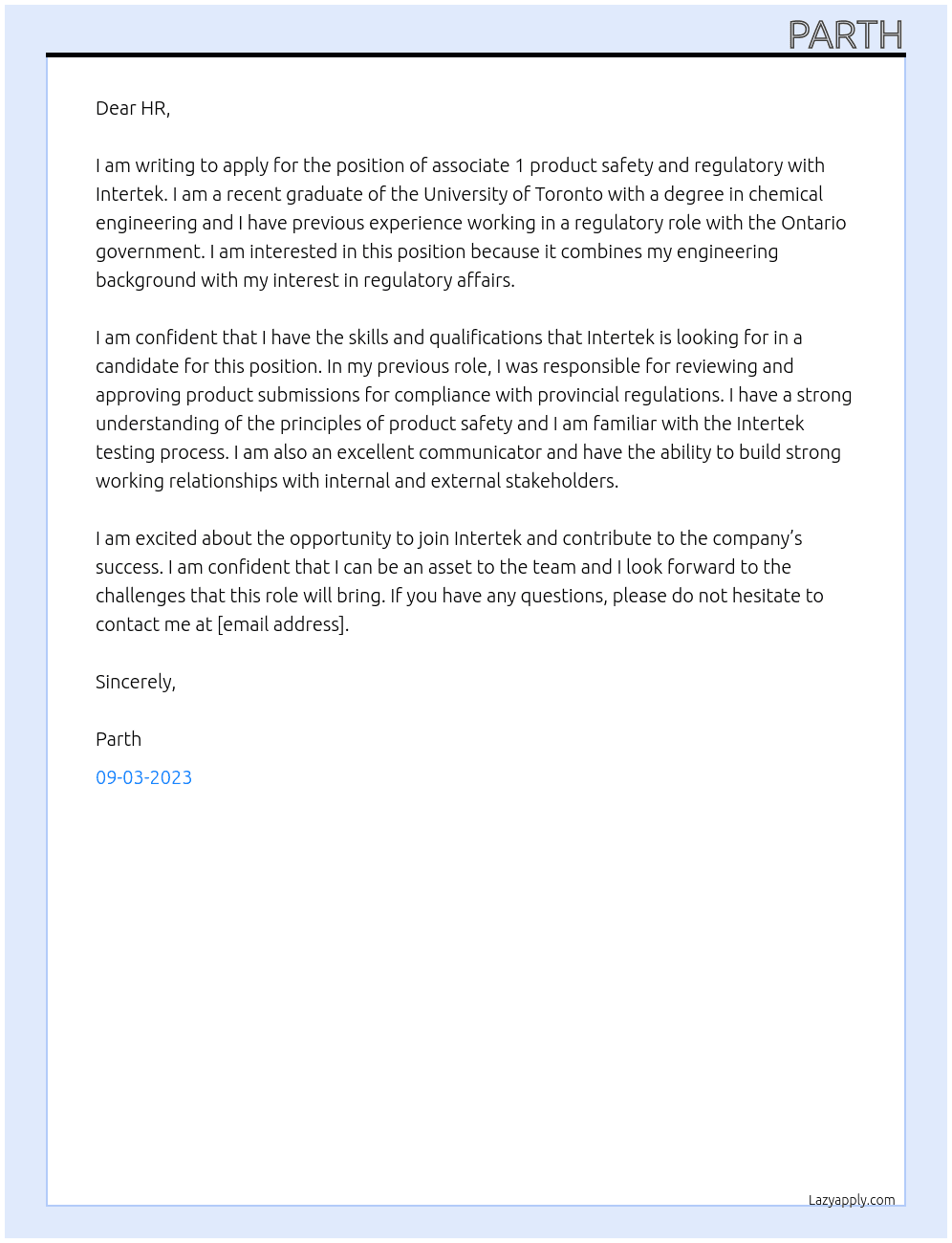 associate 1 product safety and regulatory At Intertek Cover Letter
