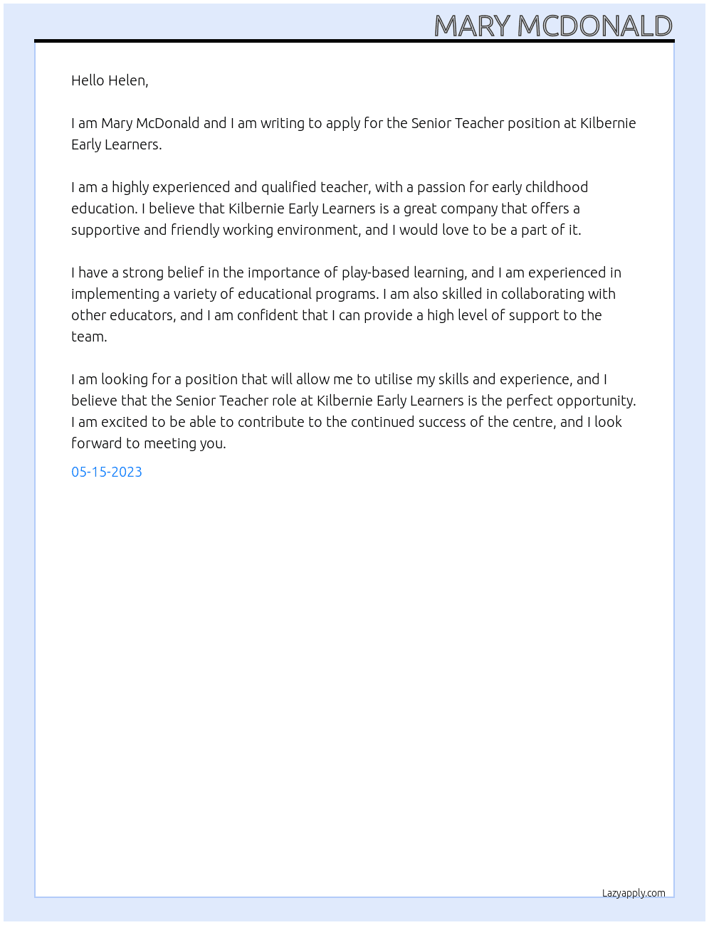 Senior Teacher At Kilbernie Early Learners Cover Letter