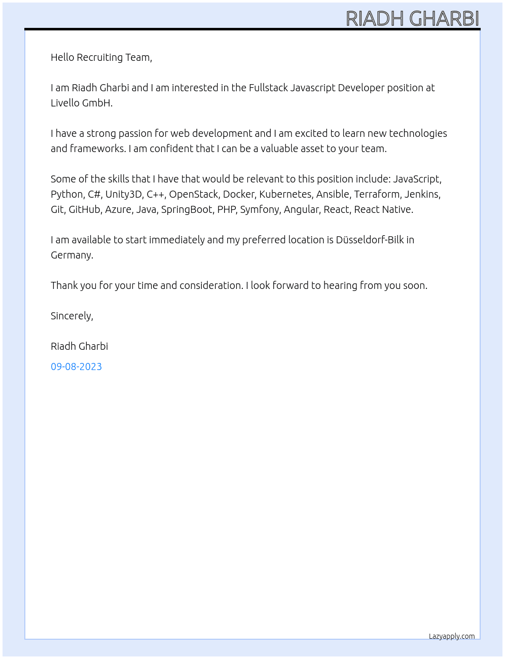 Fullstack Javascript Developer At Livello GmbH  Cover Letter