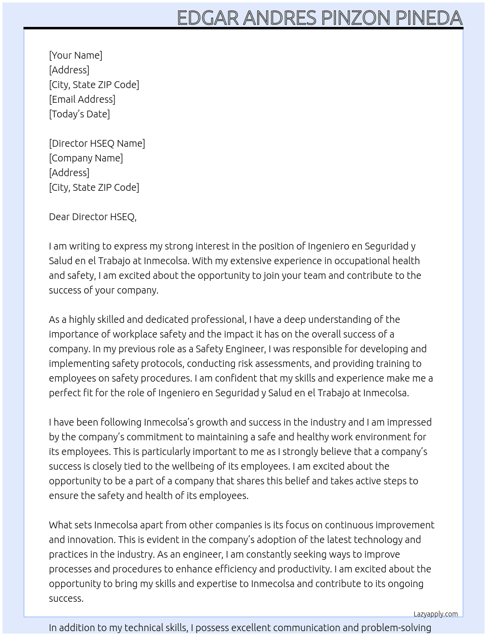 ingeniero en seguridad y salud en el trabajo At inmecolsa Cover Letter