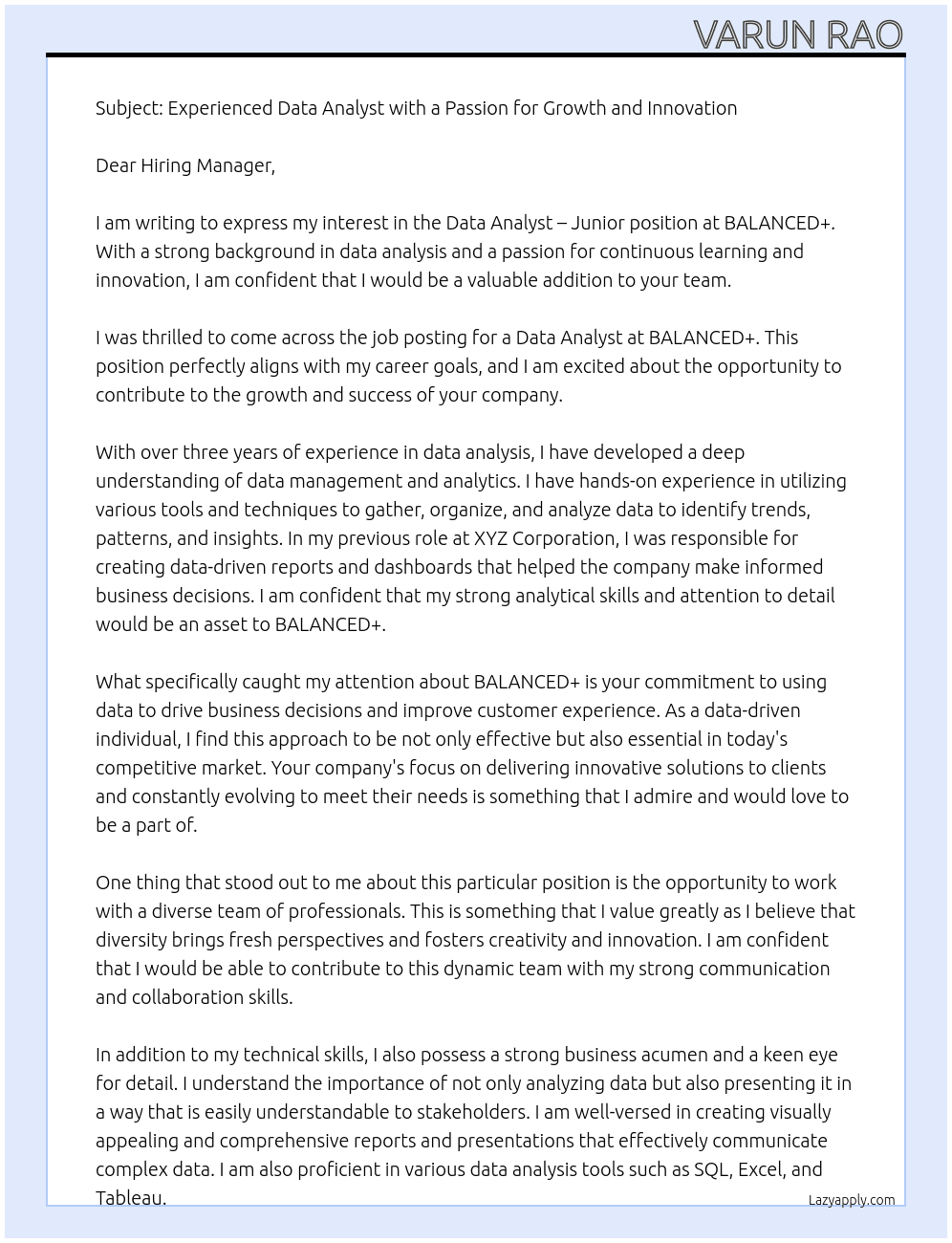Data Analyst – Junior At BALANCED+ Cover Letter