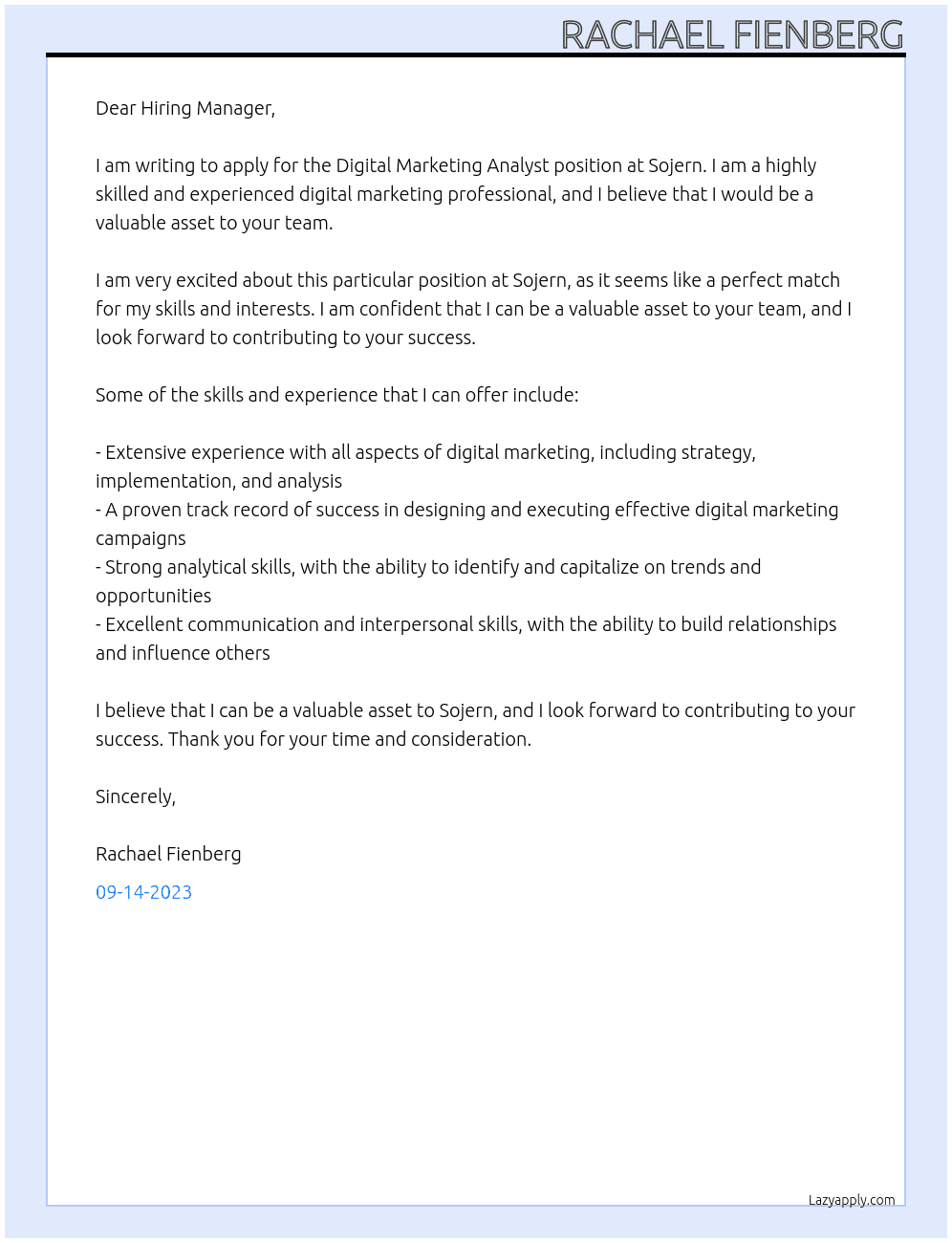 Digital Marketing Analyst At Sojern Cover Letter