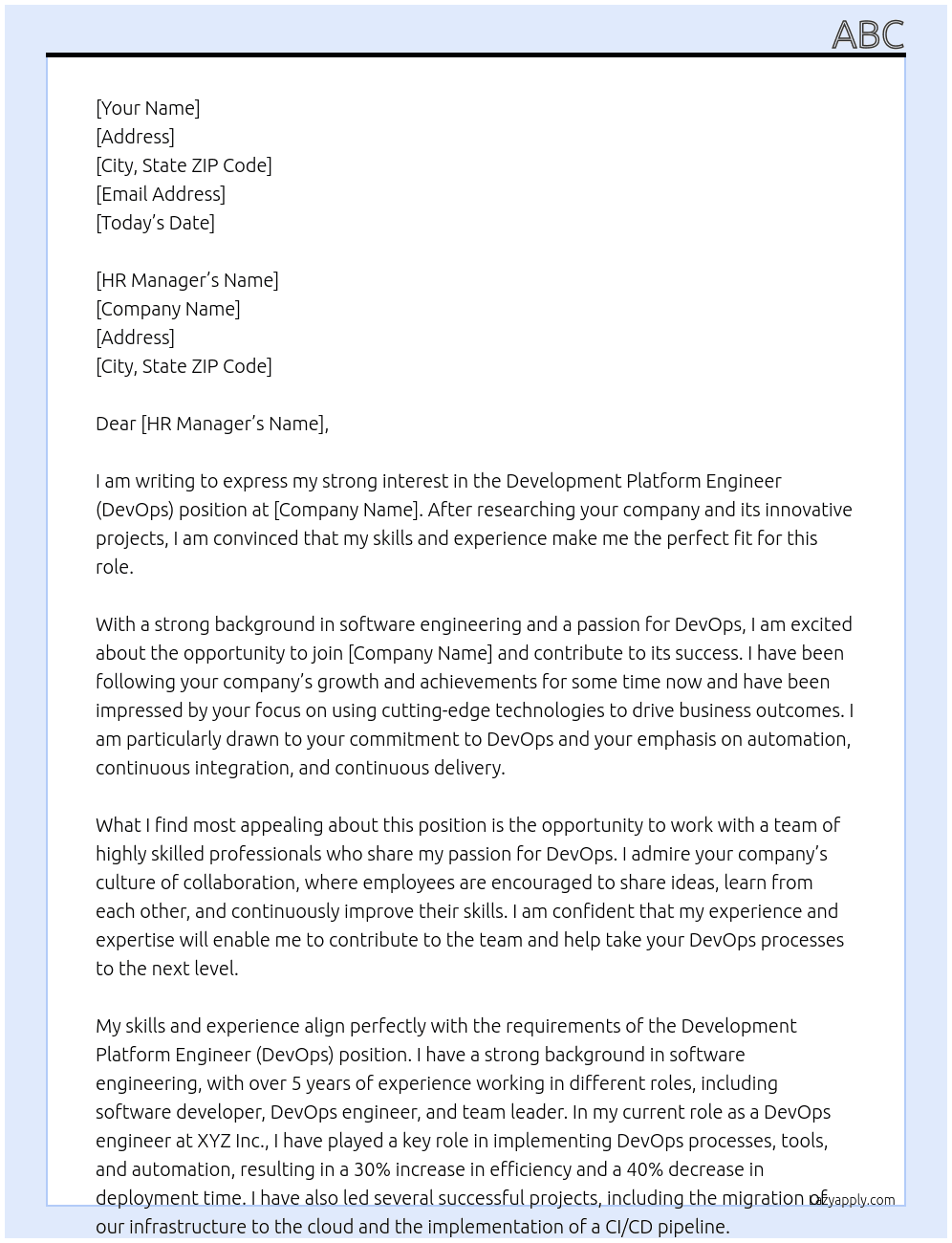 Development Platform Engineer (DevOps)  At bbb.com Cover Letter