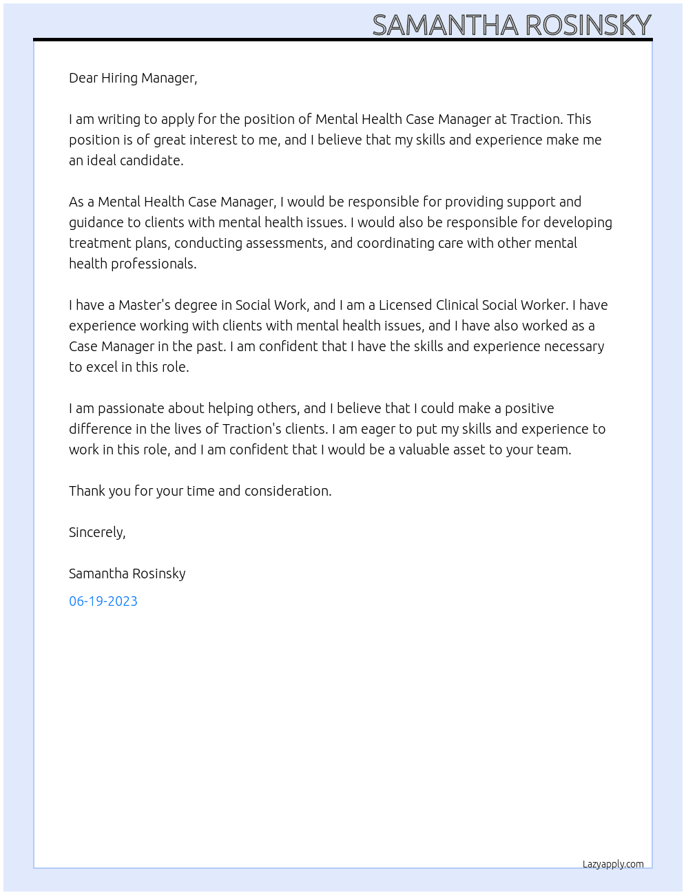 Mental Health Case Manager  At Traction  Cover Letter