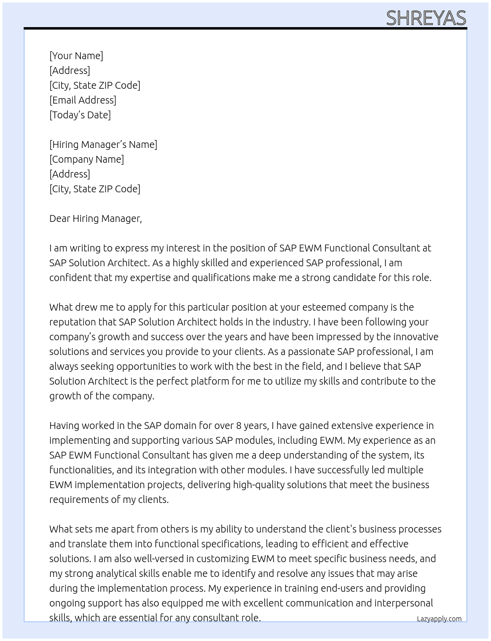SAP EWM Functional Consultant At SAP Solution Architect  Cover Letter