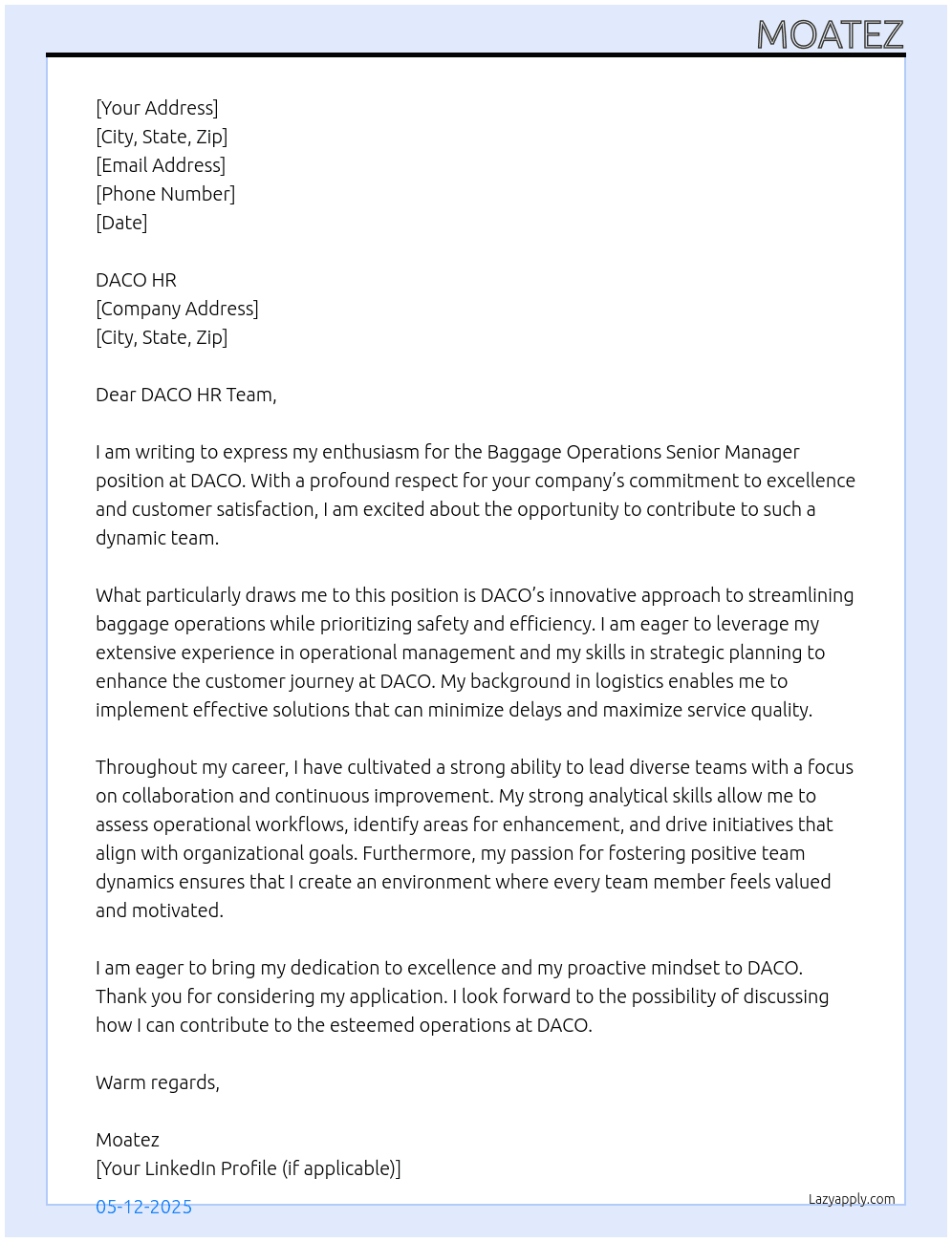 baggage operation senoir manager At Daco Cover Letter