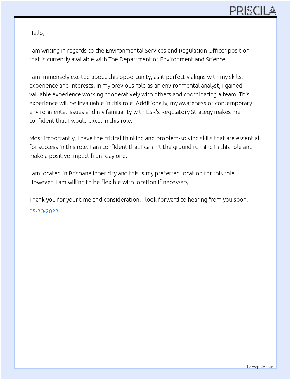 Environmental officer At The Department of Environment and Science Cover Letter