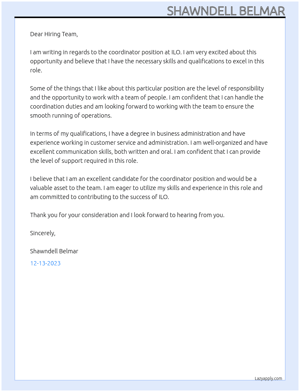 Coordinator At ILO Cover Letter