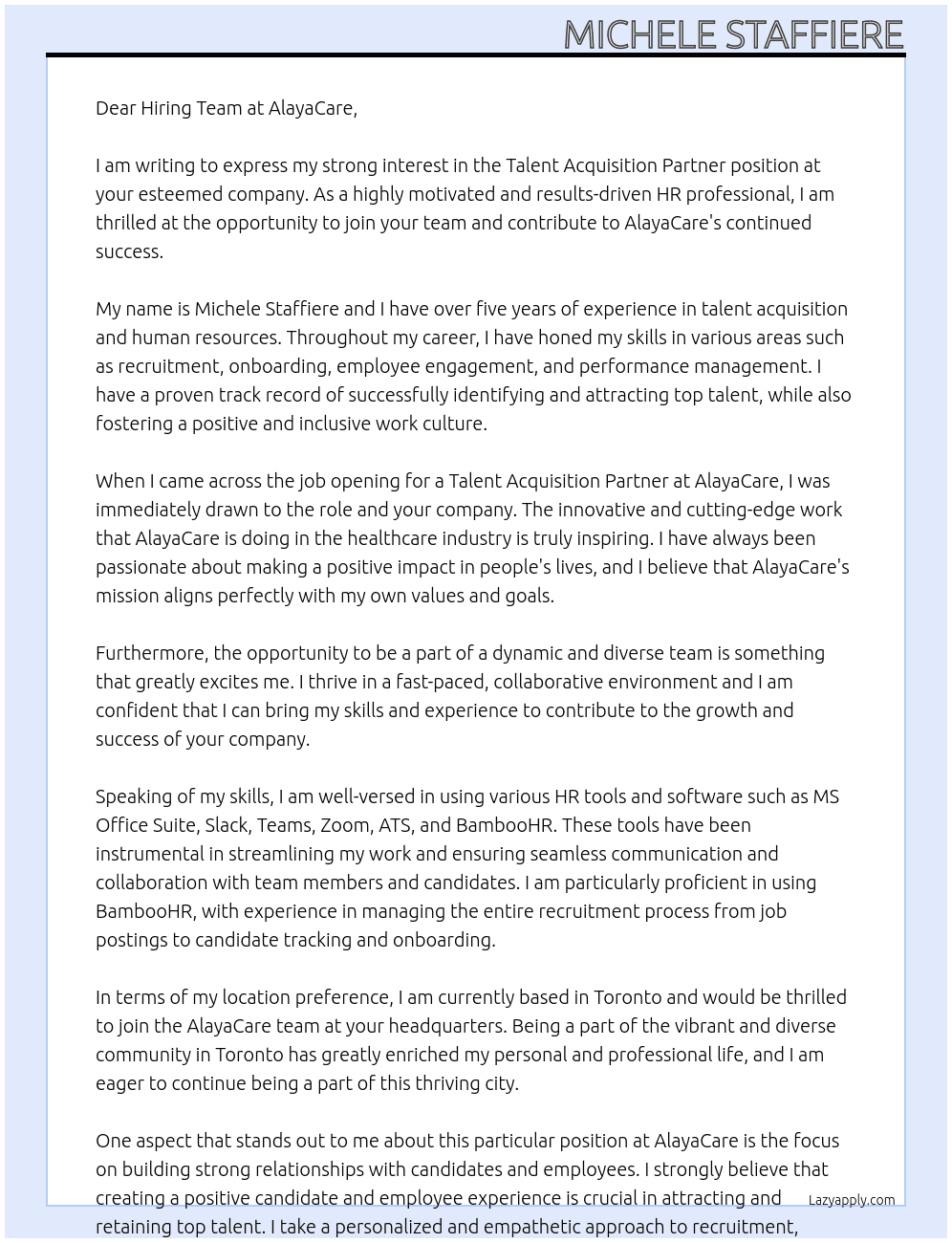 Talent Acquisition Partner At AlayaCare Cover Letter