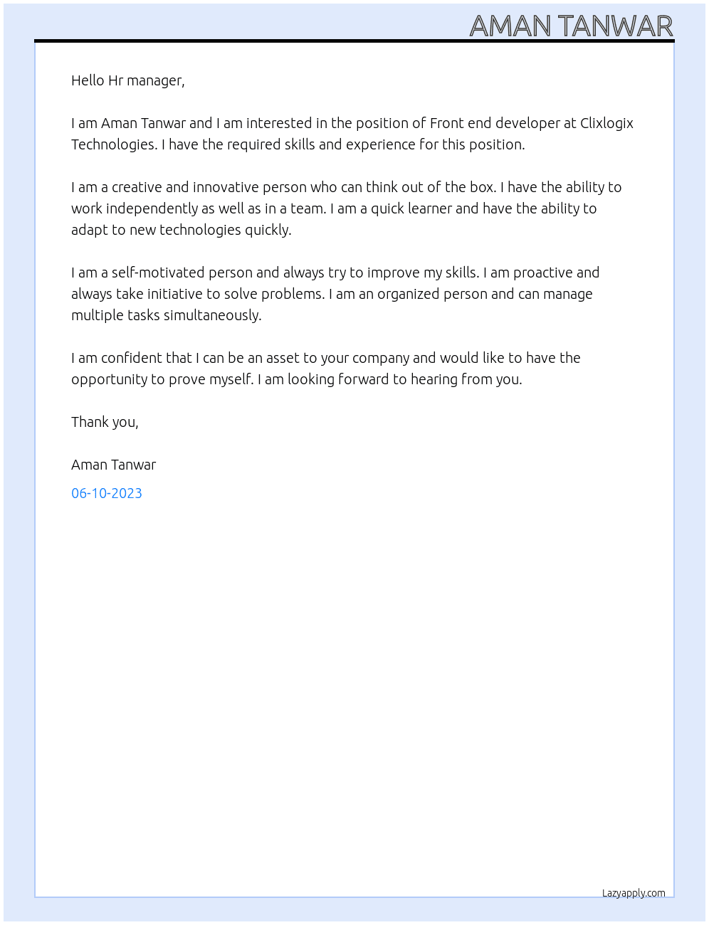 Front end developer  At Clixlogix Technologies  Cover Letter