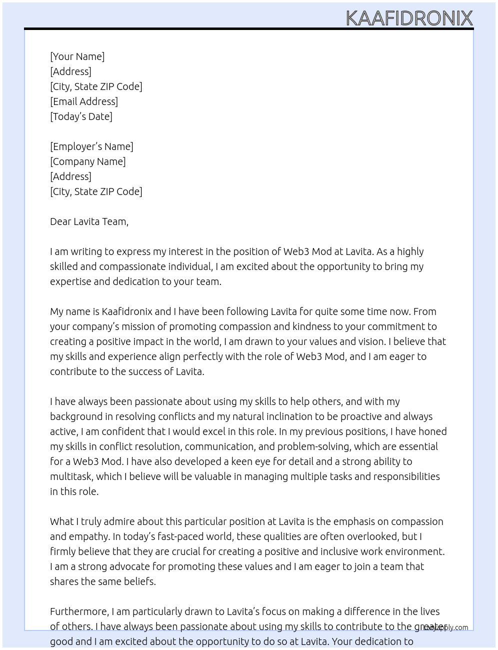 Web3 mod At Lavita Cover Letter