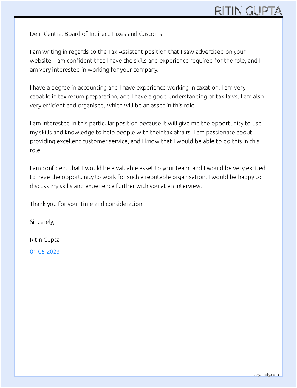Tax Assistant  At Central board of indirect taxes and customs  Cover Letter