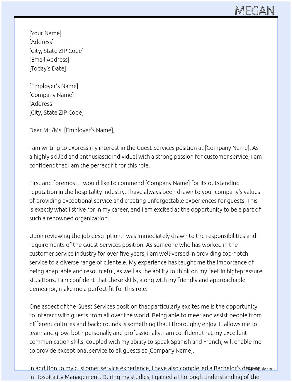 Guest services At A Cover Letter