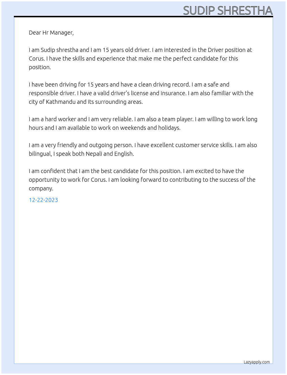 Driver At Corus Cover Letter