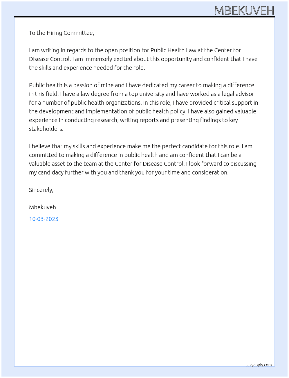 Public health law At Center for Dsease Control Cover Letter
