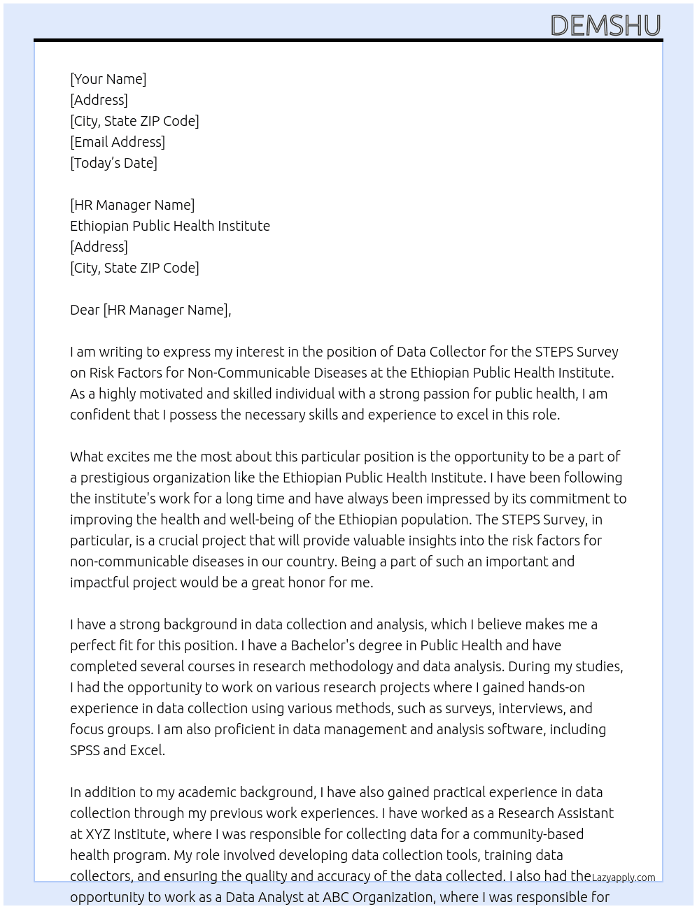 Data collector of STEPS Survey on Risk Factors for Non-Communicable Diseases At Ethiopian Public Health Institute Cover Letter