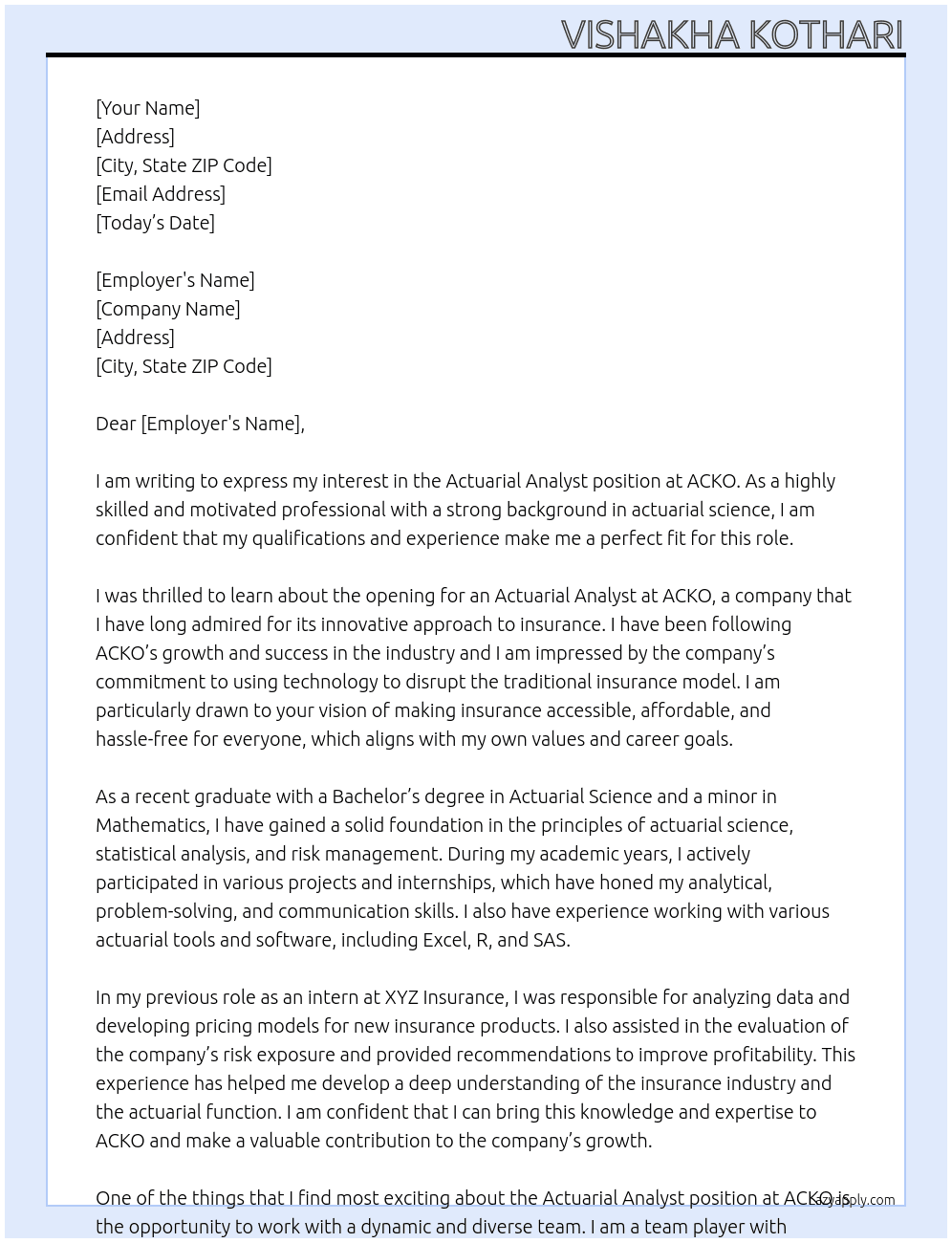actuarial analyst At ACKO Cover Letter