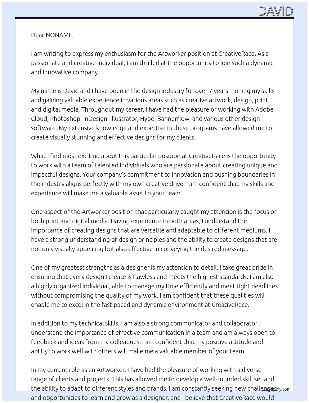 Artworker At CreativeRace Cover Letter