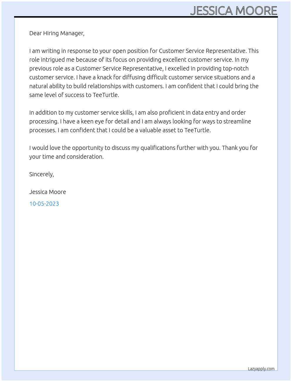 Customer Service Representative  At TeeTurtle Cover Letter