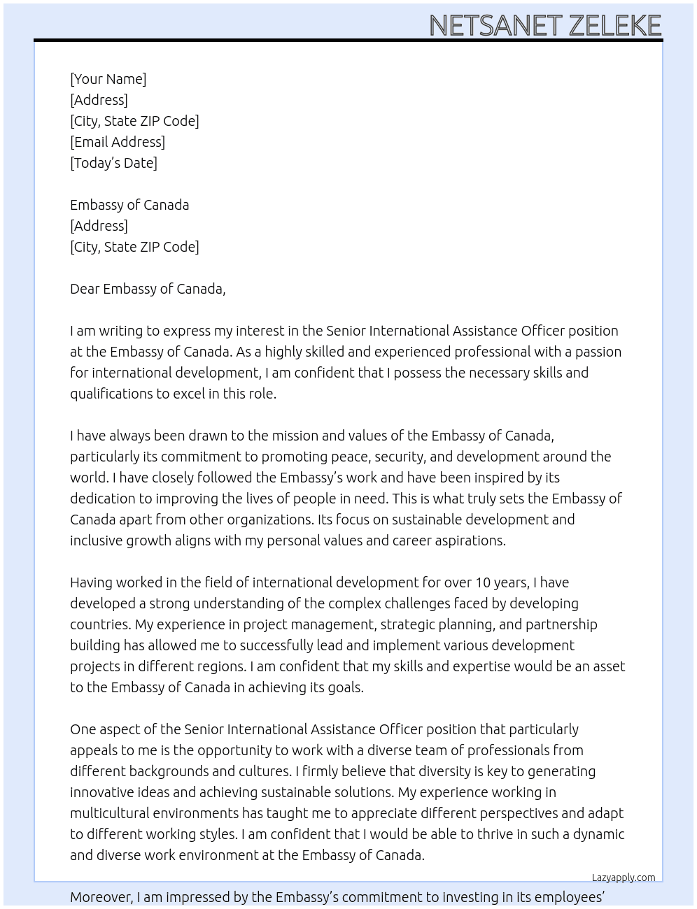 Senior International Assistance Officer At Embassy of Canada  Cover Letter