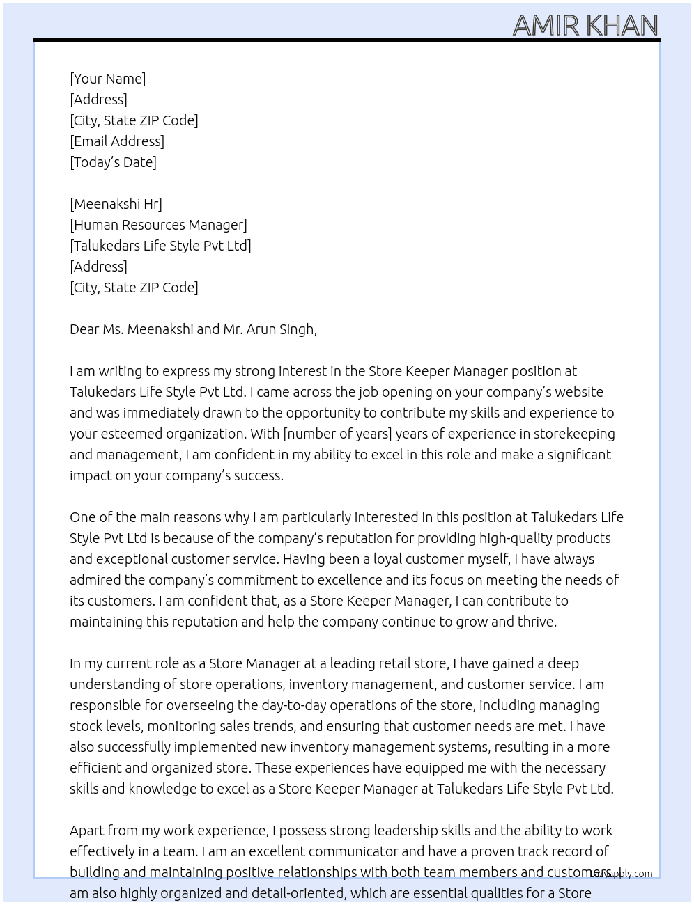 Store Keeper Manager At Talukedars Life Style Pvt Ltd  Cover Letter