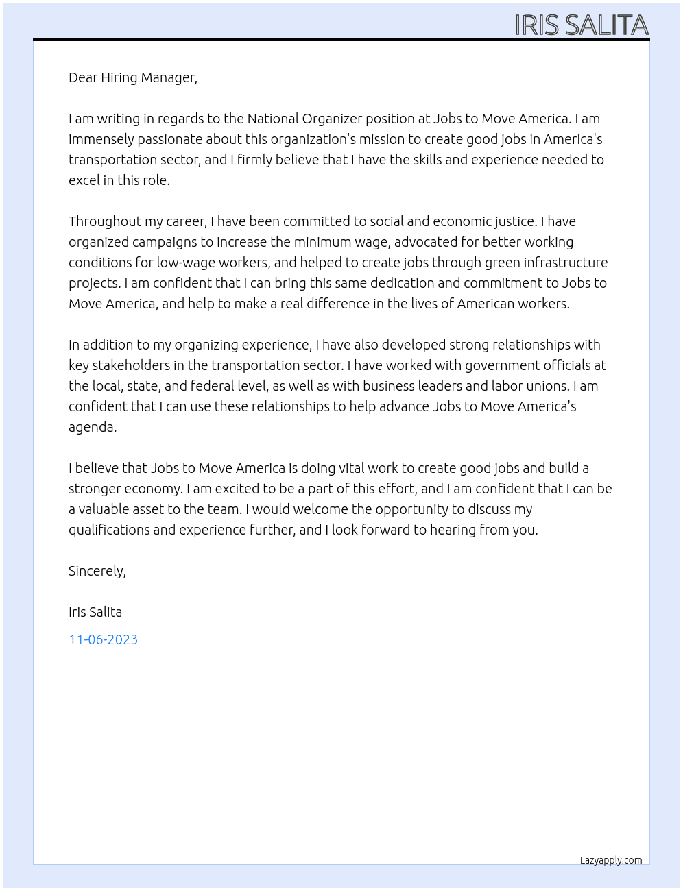 National Organizer At Jobs to Move America Cover Letter