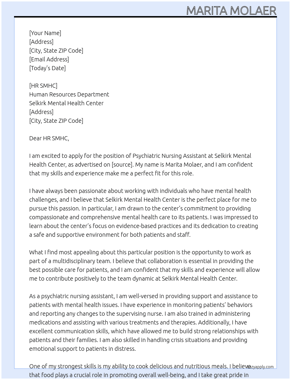 PSYCHIATRIC NURSING ASSISTANT At SELKIRK MENTAL HEALTH CENTER Cover Letter