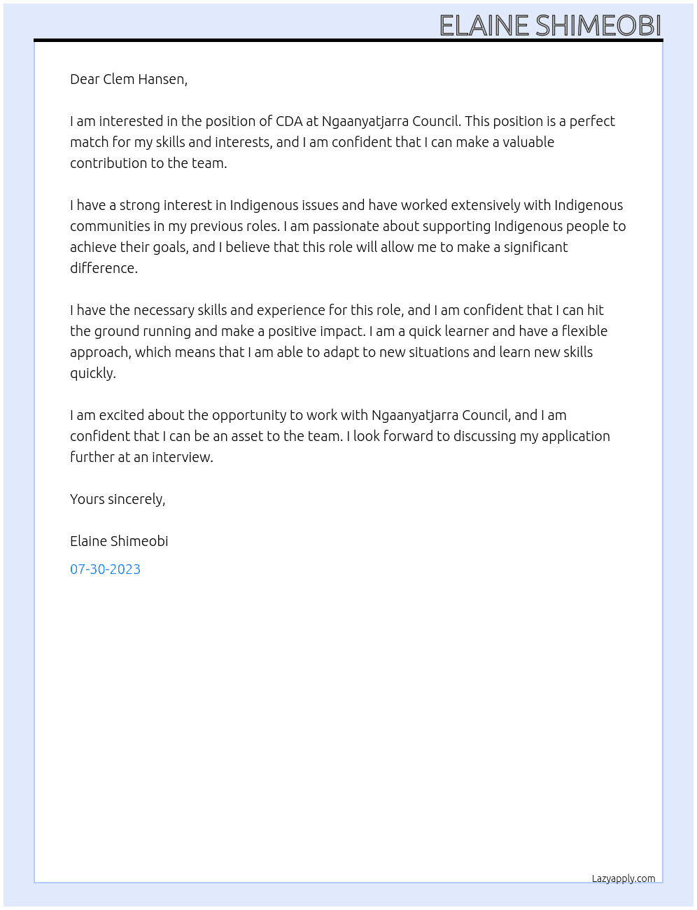 CDA At Ngaanyatjarra Council Cover Letter