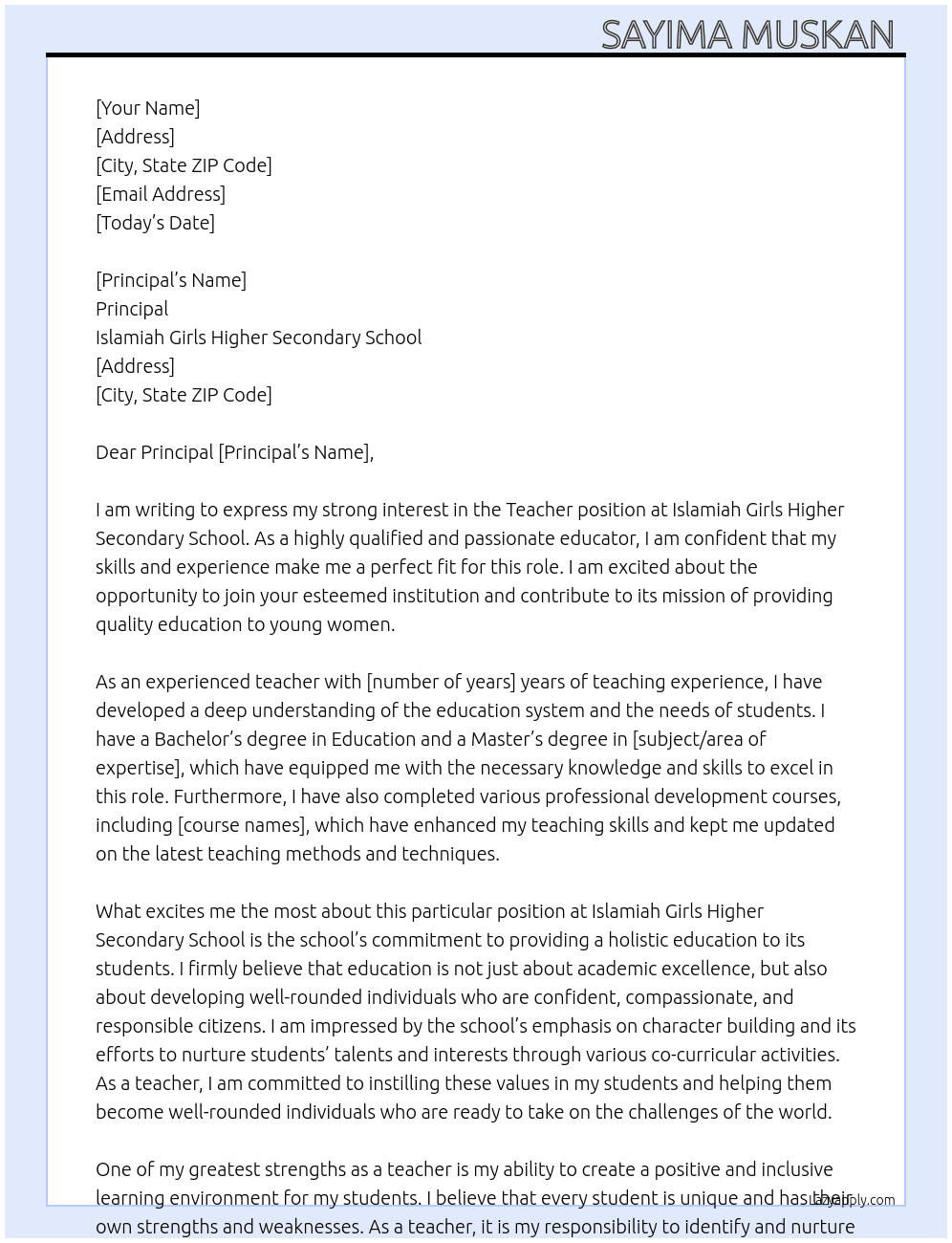Teacher  At Islamiah girls higher secondary school  Cover Letter