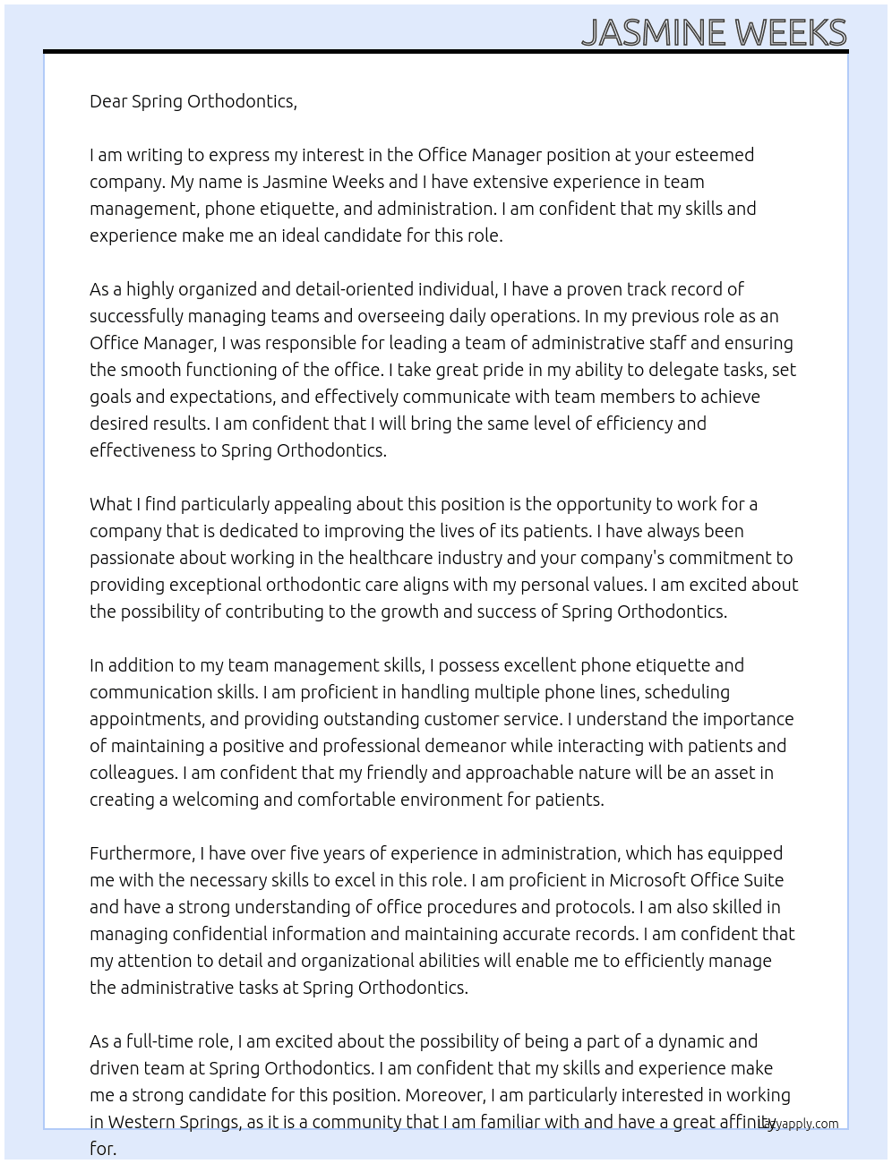 Office Manager At Spring Orthodontics  Cover Letter