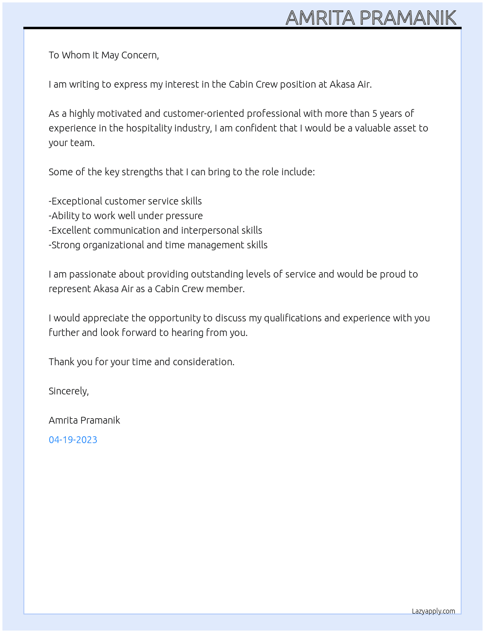 Cabin crew At Akasa Air Cover Letter