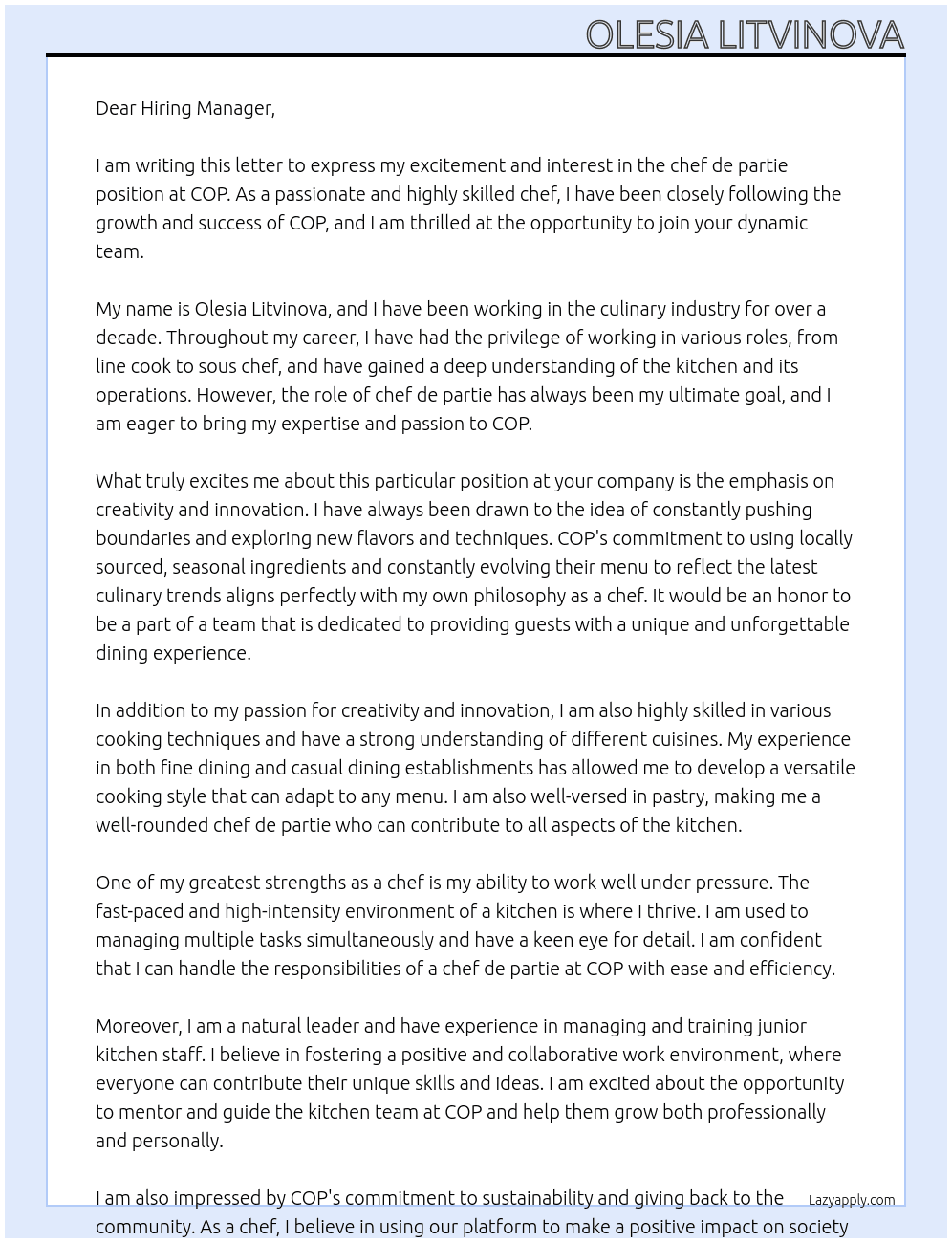 chef de partie At COP Cover Letter