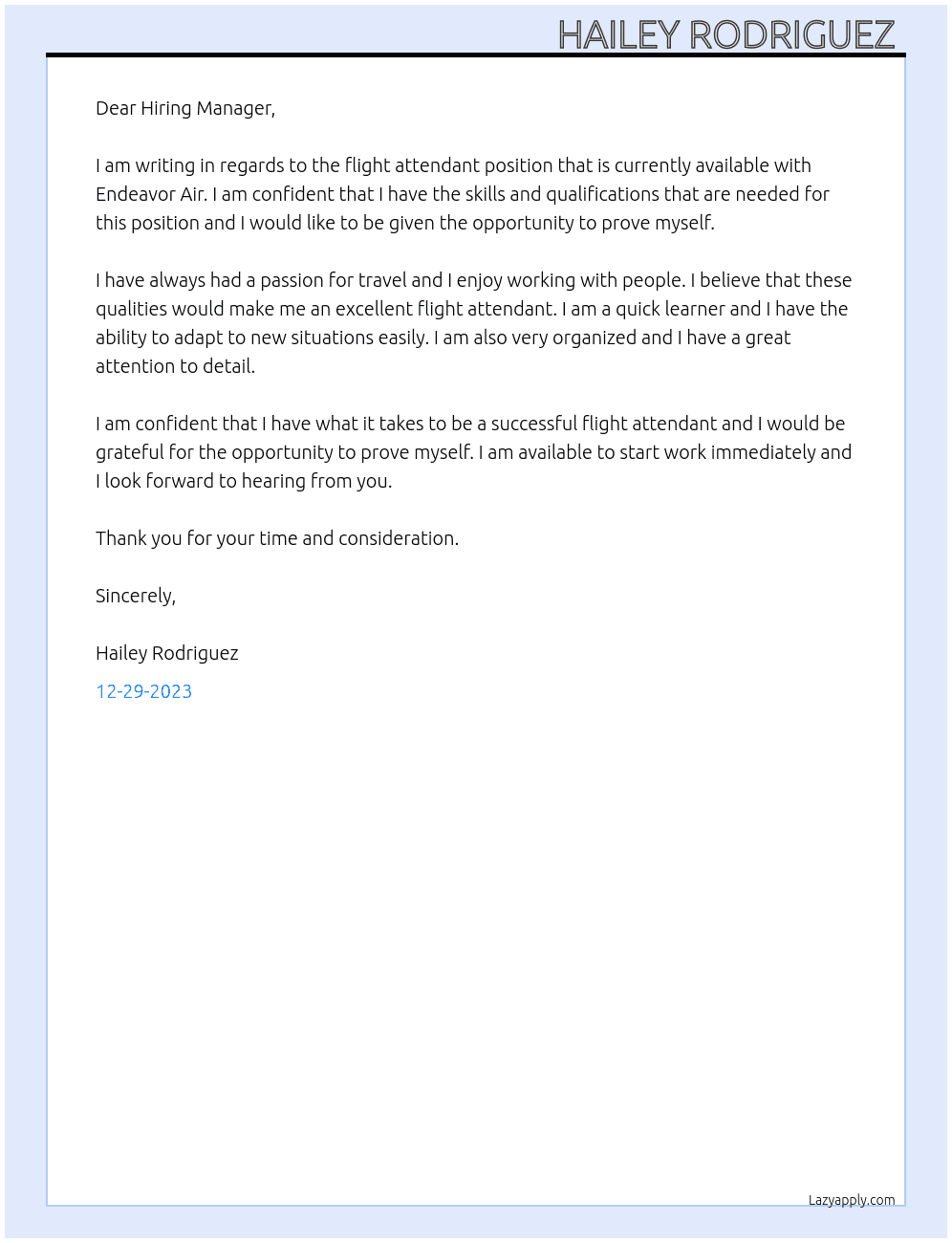 flight attendant  At endeavor air Cover Letter