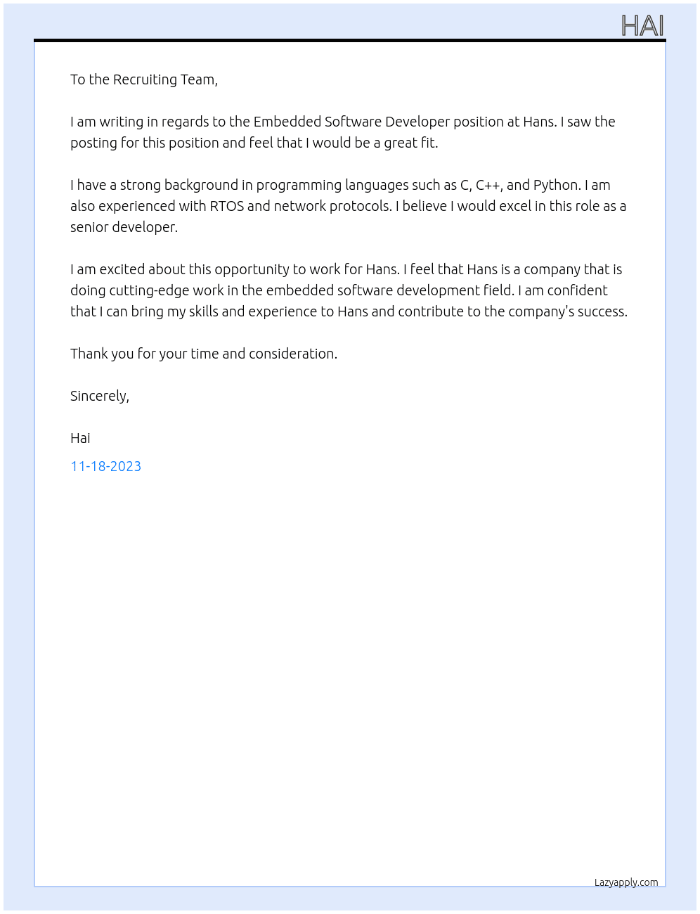Embedded Software Developer At Hans Cover Letter