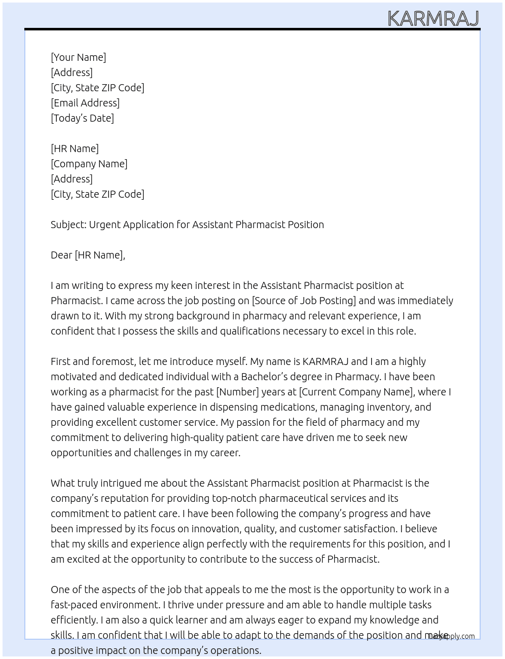 Assistant pharmacist  At Pharmacist  Cover Letter