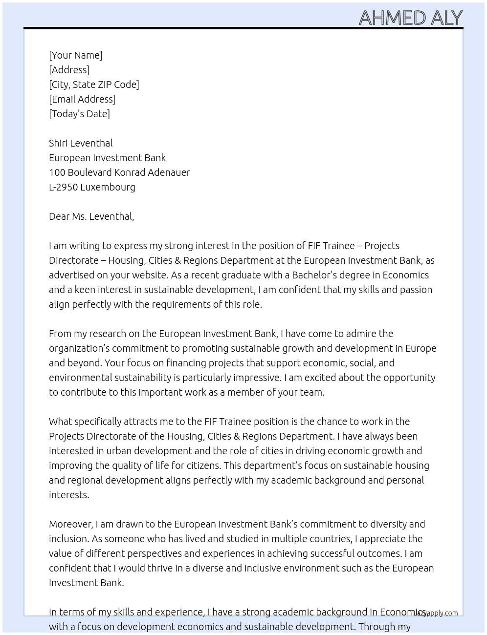 FIF Trainee – Projects Directorate – Housing, Cities & Regions Department At European Investment Bank Cover Letter