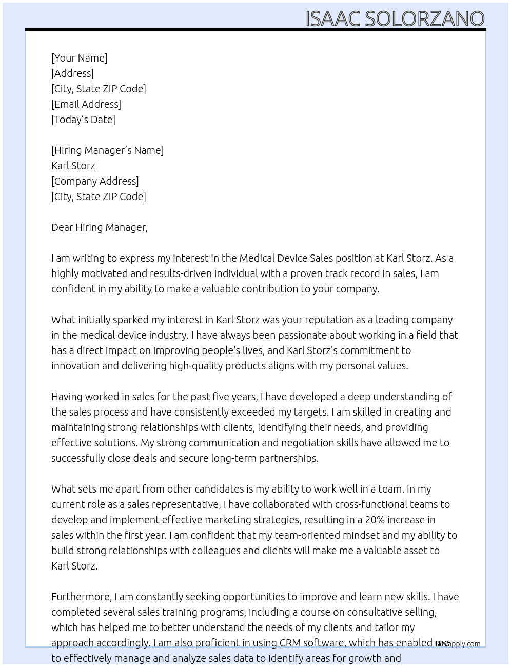Medical Device Sales At Karl Storz Cover Letter