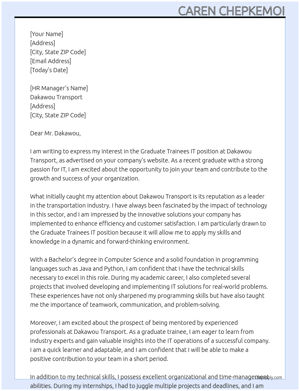 Graduate trainees IT At Dakawou Transport Cover Letter
