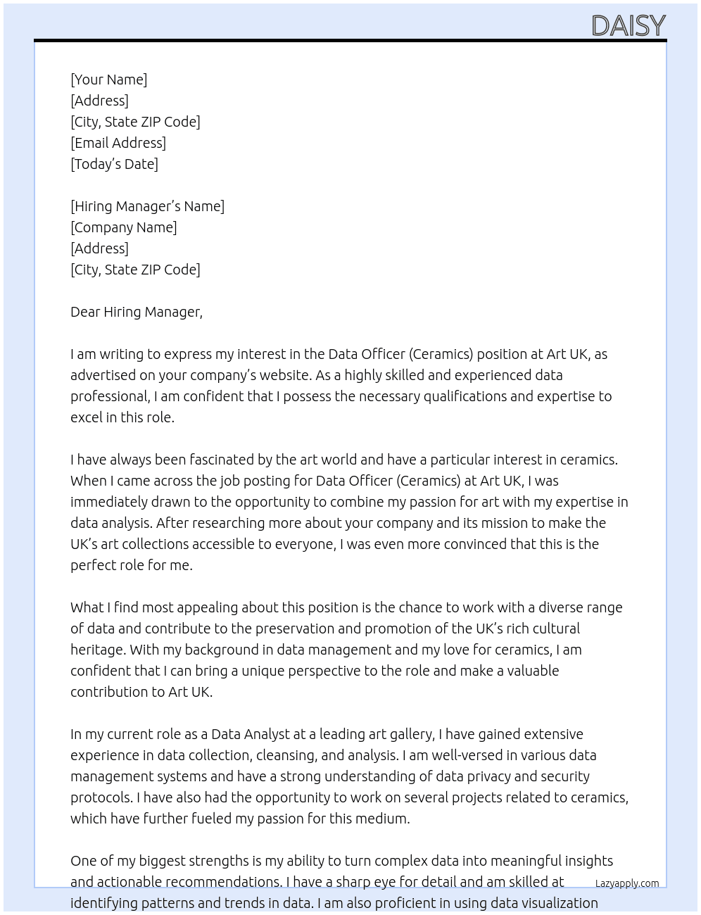 Data Officer (Ceramics) At Art UK Cover Letter