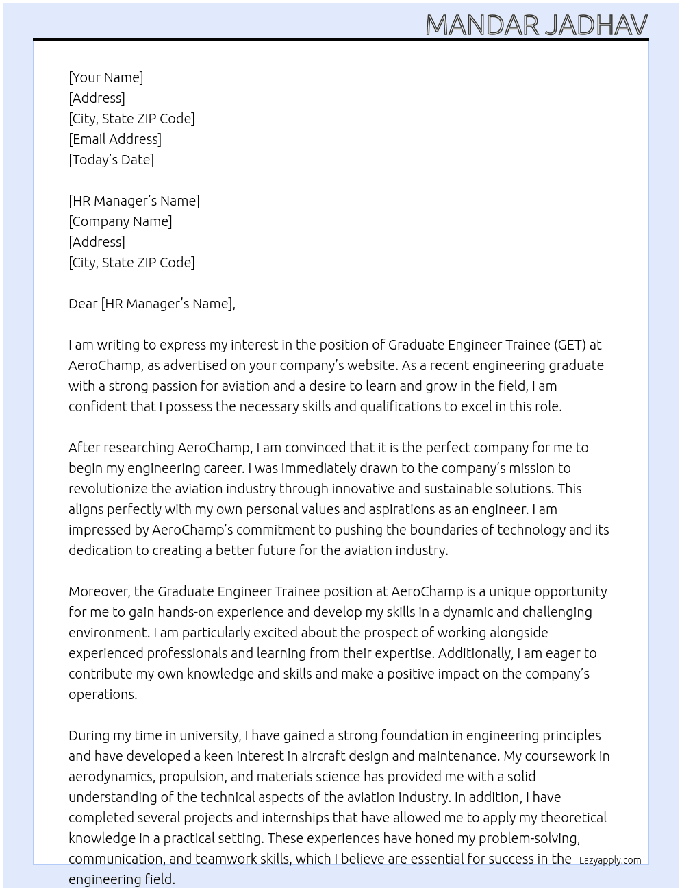 Graduate Engineer Trainee (GET)  At  AeroChamp Cover Letter