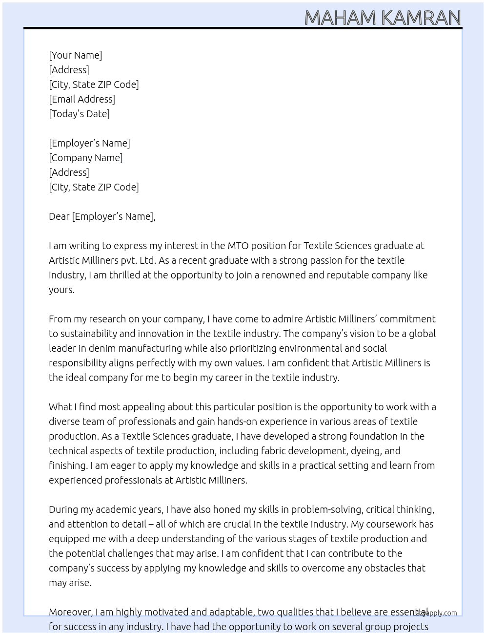 MTO for Textile Sciences graduate At Artistic Milliners pvt. Ltd. Cover Letter