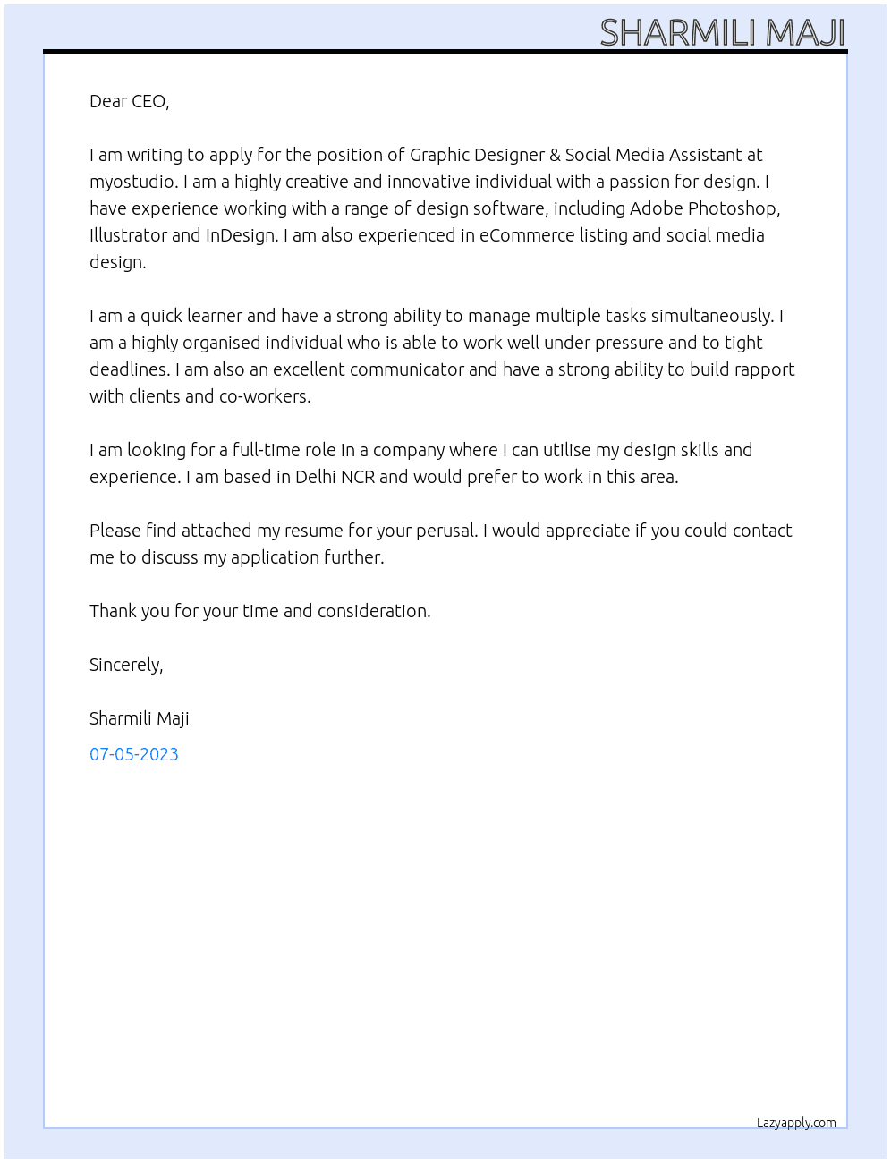 Graphic Designer & Social Media Assistant At myostudio Cover Letter